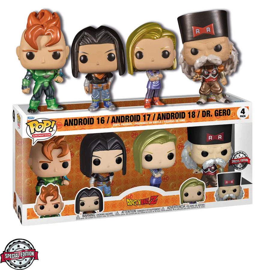 FUNKO POP DRAGON BALL Z EXCLUSIVE - ANDROID 16 / ANDROID 17 / ANDROID 18 / DR.GERO (4 PACK) BRINDE