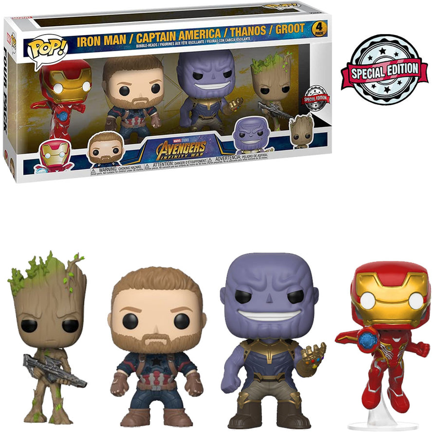 FUNKO POP MARVEL AVENGERS INFINITY WAR EXCLUSIVE - IRON MAN / CAPTAIN AMERICA / THANOS / GROOT (4 PACK) BRINDE