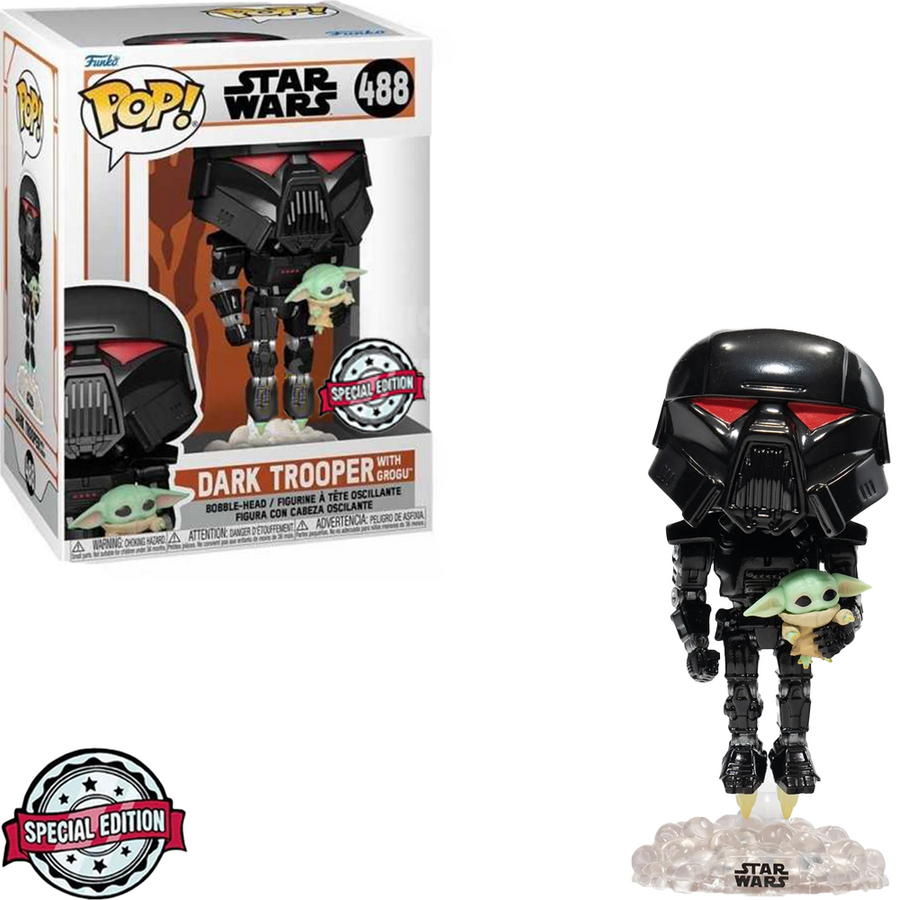 FUNKO POP STAR WARS THE MANDALORIAN EXCLUSIVE - DARK TROOPER WITH GROGU 488 BRINDE