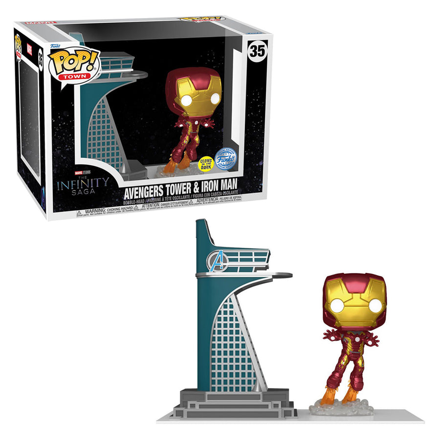 FUNKO POP TOWN MARVEL AVENGERS EXCLUSIVE - AVENGERS TOWER & IRON MAN 35 (GLOWS IN THE DARK) BRINDE