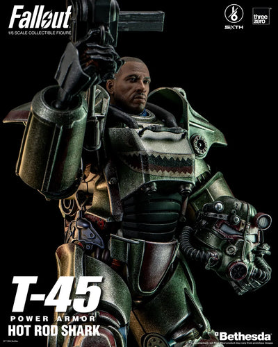 T-45 Hot Rod Shark Power Armor – Threezero – ActionFigure Brasil — com base expositora